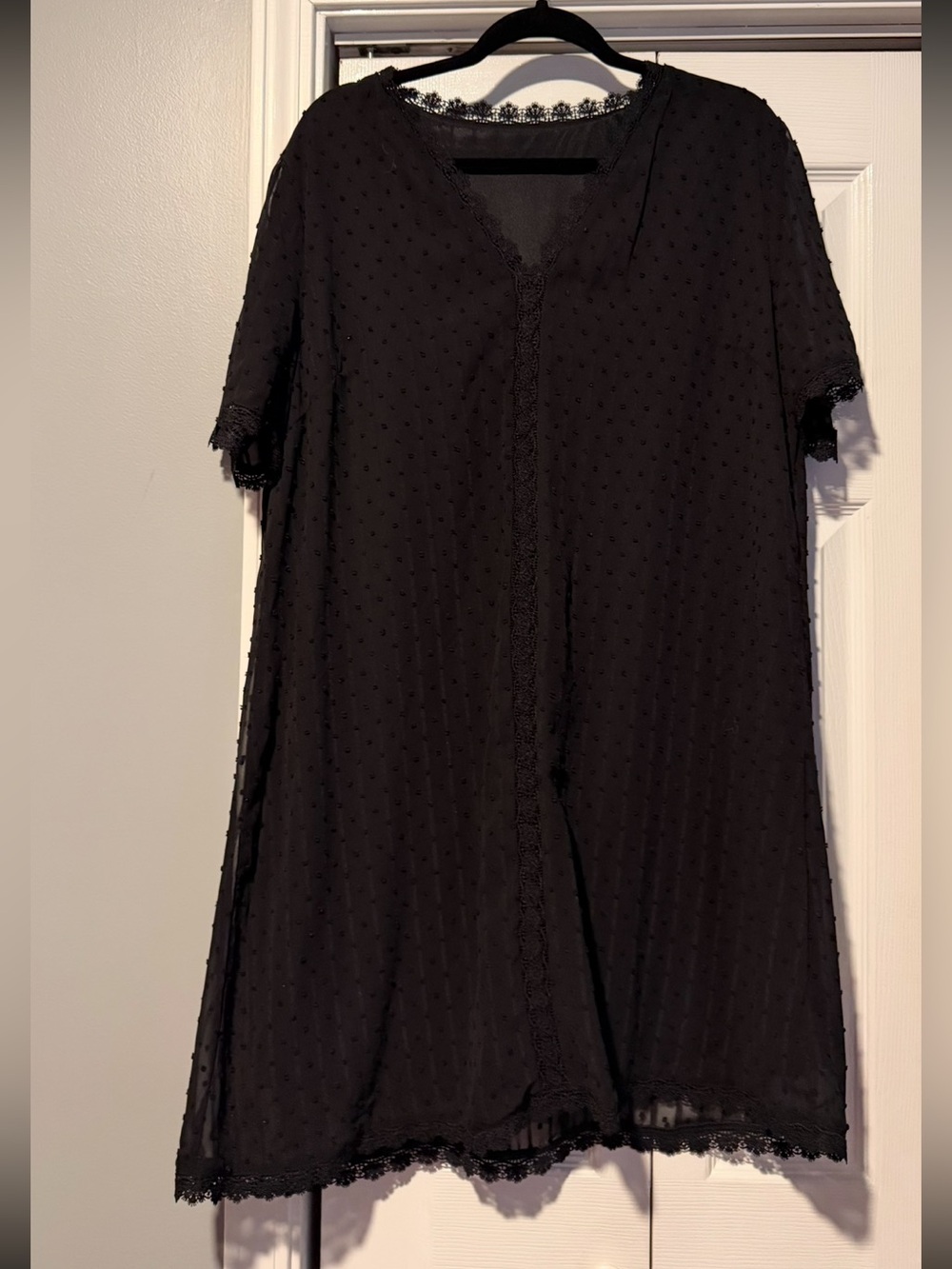 Black Swiss Dot Mini Dress with Lace Trim
